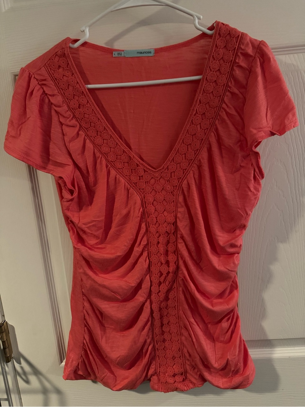 Maurices Coral Lace-Trim V-Neck Short Sleeve Top
